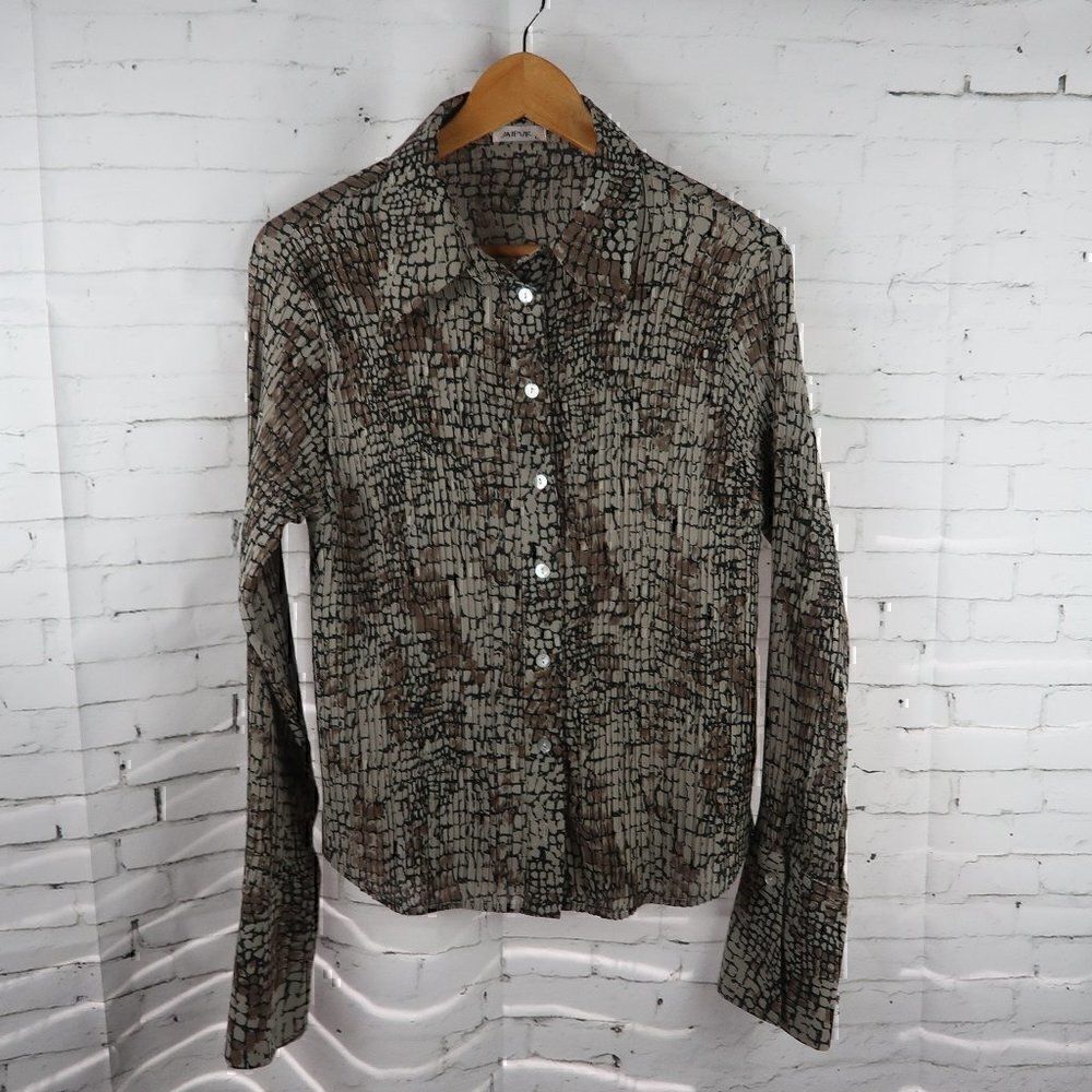 JAIPUR BROWN ANIMAL PRINT BUTTON DOWN BLOUSE WOMENS SIZE LARGE